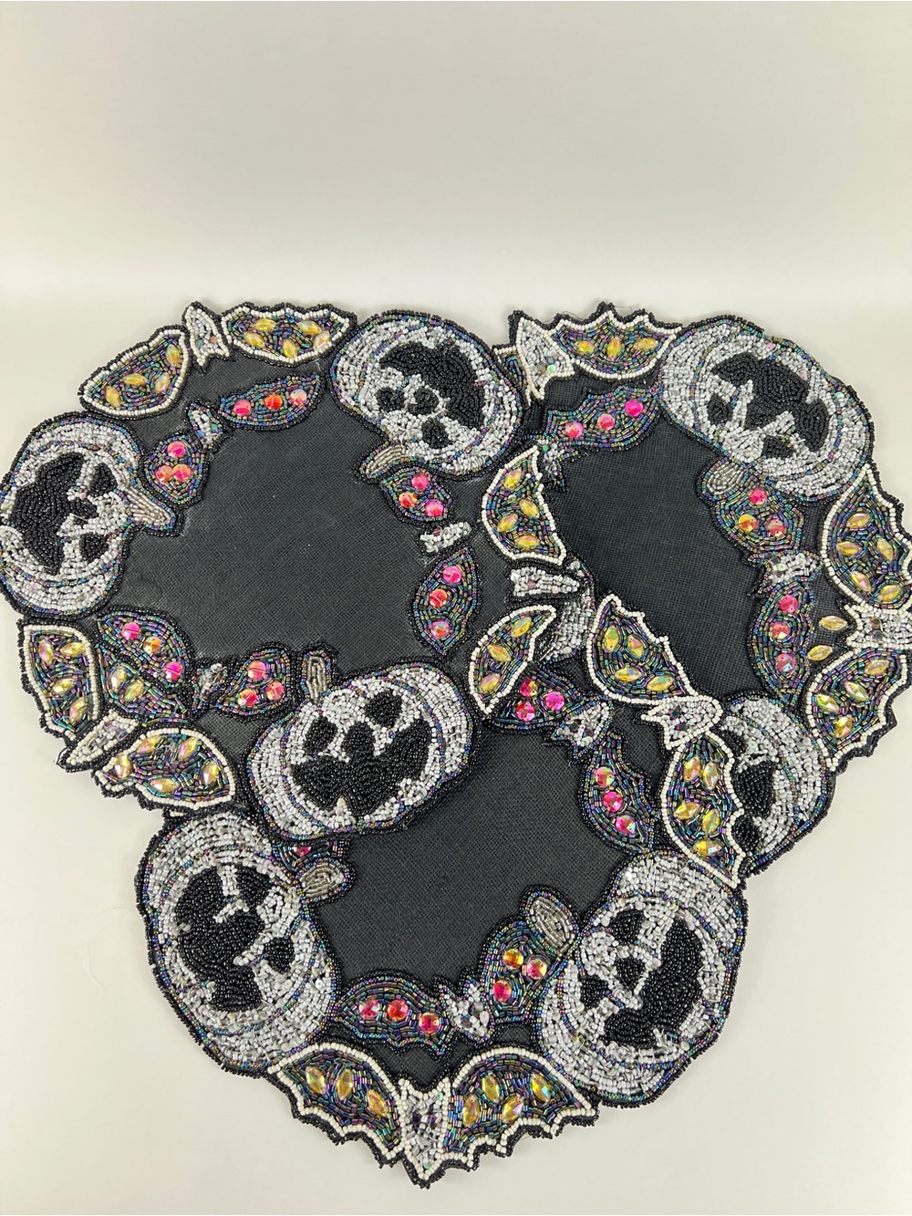 3 Tahari Halloween Beaded Placemat Charger Black Pink Silver Pumpkin Bling NEW
